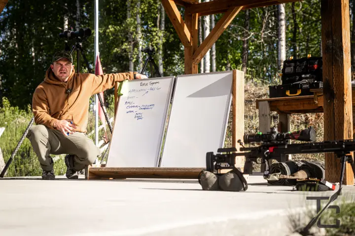Instructor at the whiteboard breaking down rifle setup