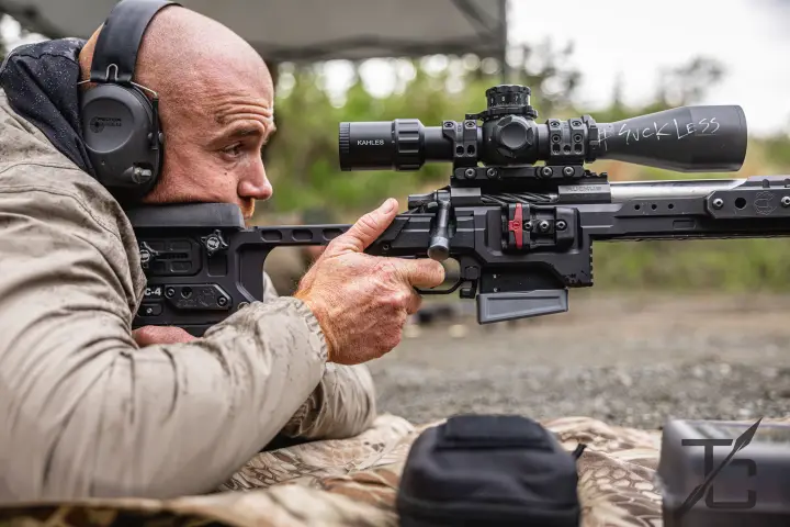 Prone behind a KAHLES-topped chassis rifle