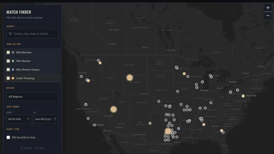 Interactive PRS and NRL Hunter map with individual match locations across the United States