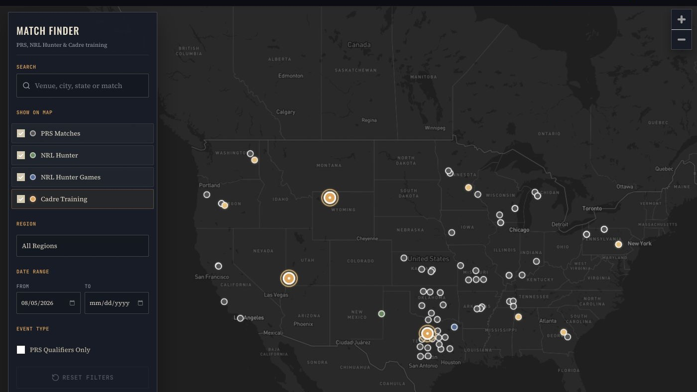 Interactive PRS and NRL Hunter map with individual match locations across the United States